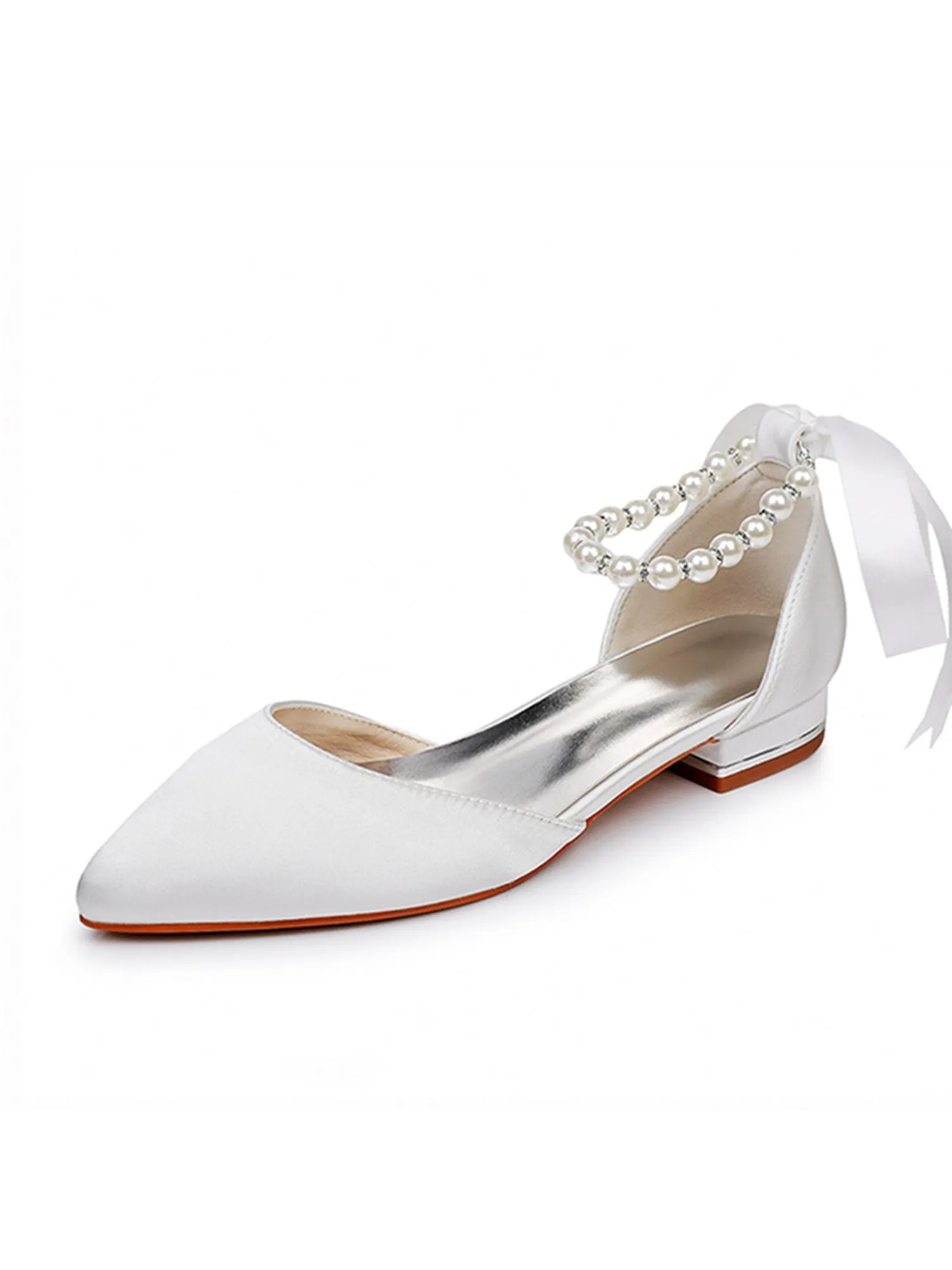 Satin Beaded Ribbon Low Heels Bridal Shoes