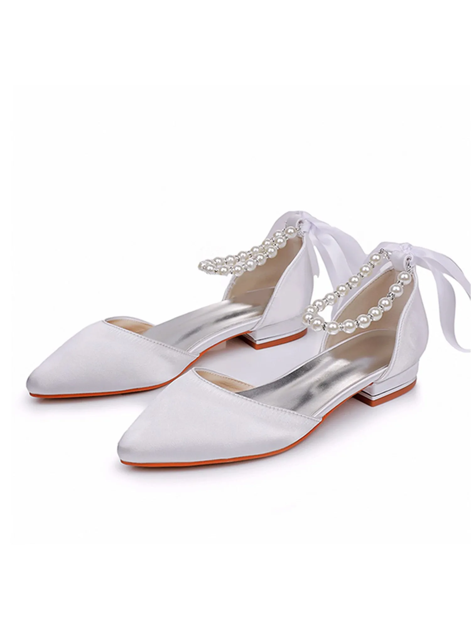 Satin Beaded Ribbon Low Heels Bridal Shoes