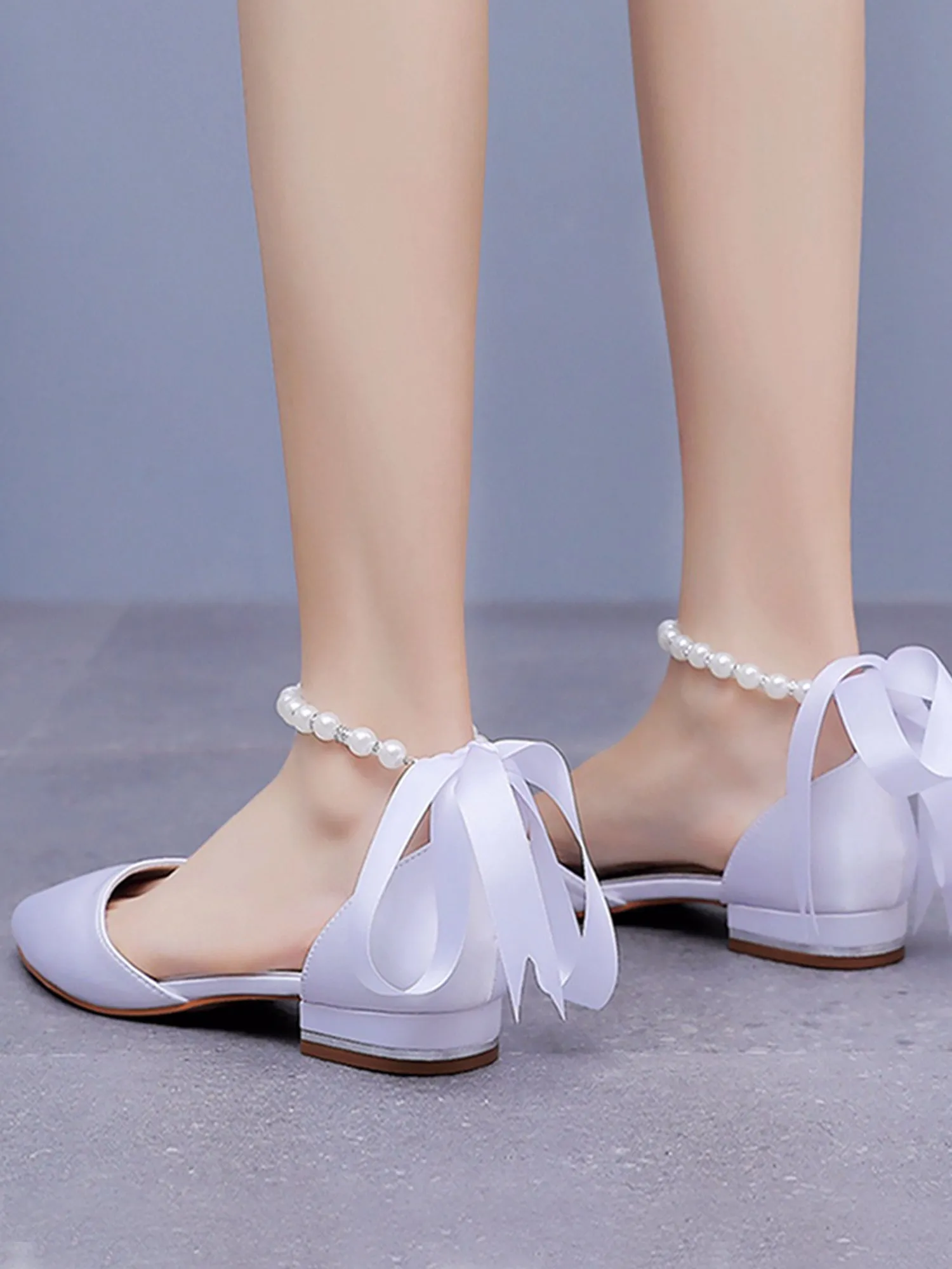 Satin Beaded Ribbon Low Heels Bridal Shoes