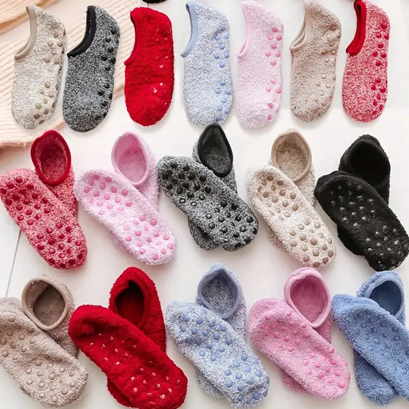 Sohiwoo Autumn Winter Indoor Home Yoga Practice Flooring Sock Dispensing Anti-Slip Thickened Plush Soft Coral Velvet Furry Sock Slippers