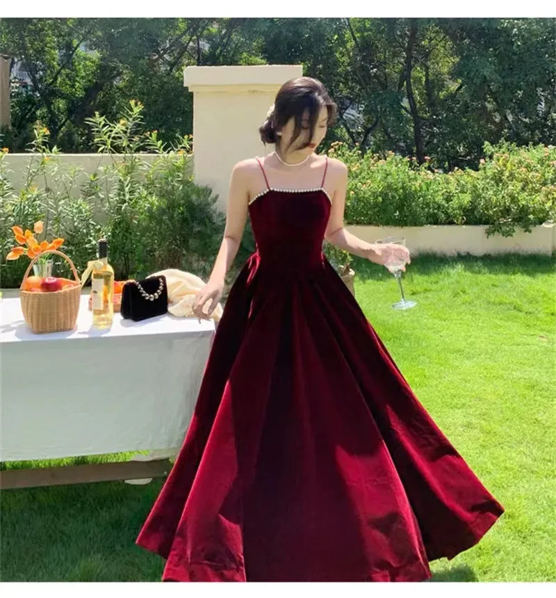 Spaghetti Straps Burgundy Velvet Prom Dress Simple Wedding Party Dress Long