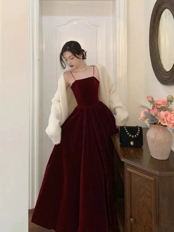 Spaghetti Straps Burgundy Velvet Prom Dress Simple Wedding Party Dress Long