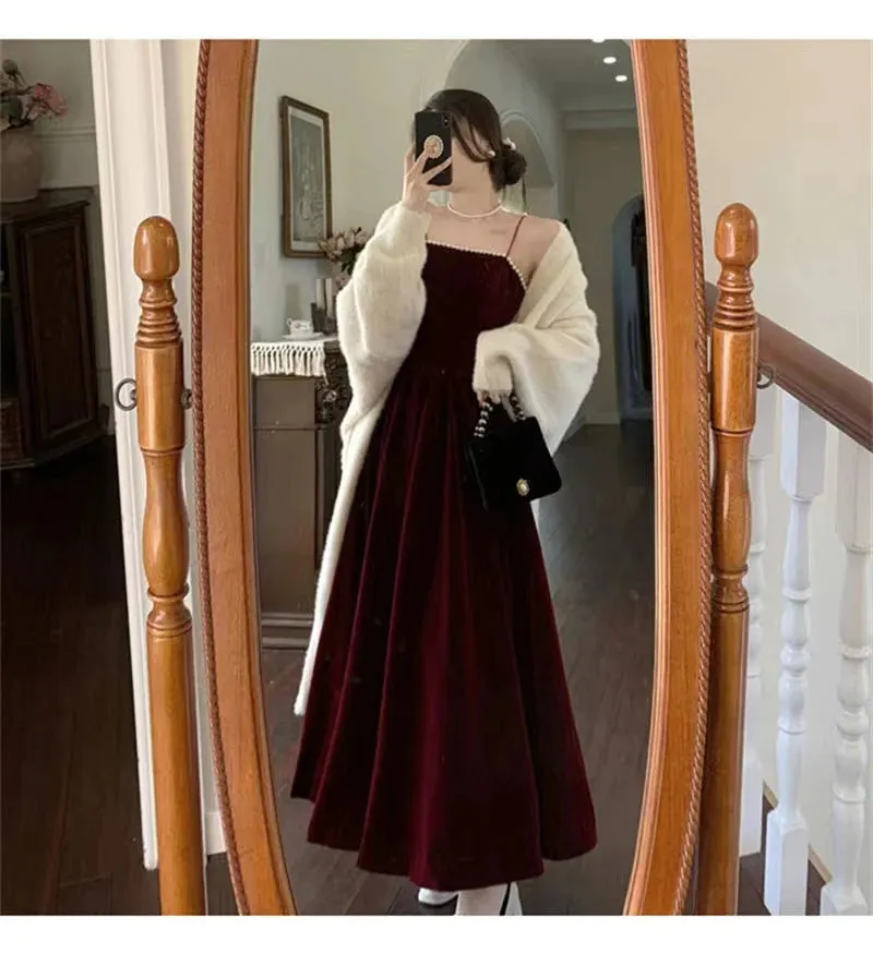 Spaghetti Straps Burgundy Velvet Prom Dress Simple Wedding Party Dress Long