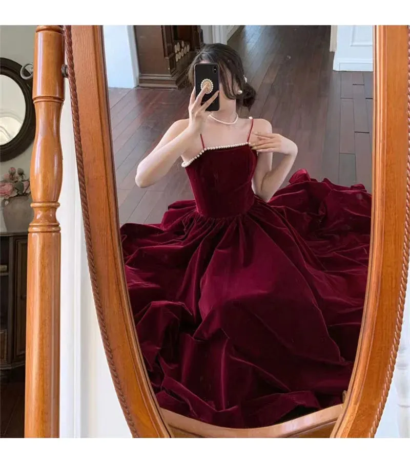 Spaghetti Straps Burgundy Velvet Prom Dress Simple Wedding Party Dress Long