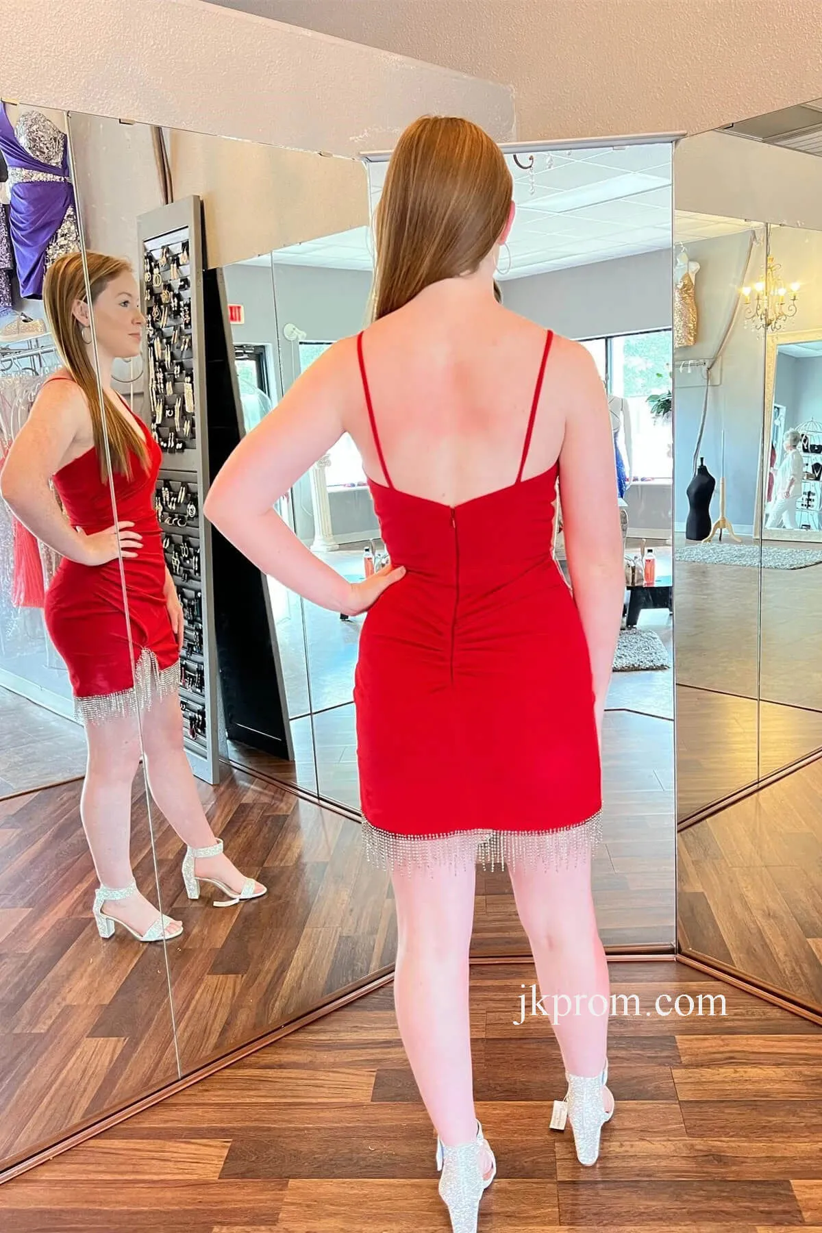 Spaghetti Straps Red Ruched Tassels Bodycon Mini Homecoming Dress,Graduation Dresses with Slit