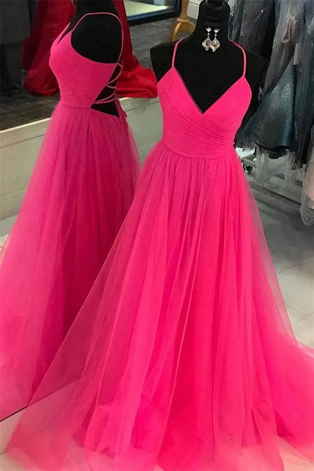 Spaghetti Straps V Neck Tulle Prom Gown,Elegant Long Formal Dress