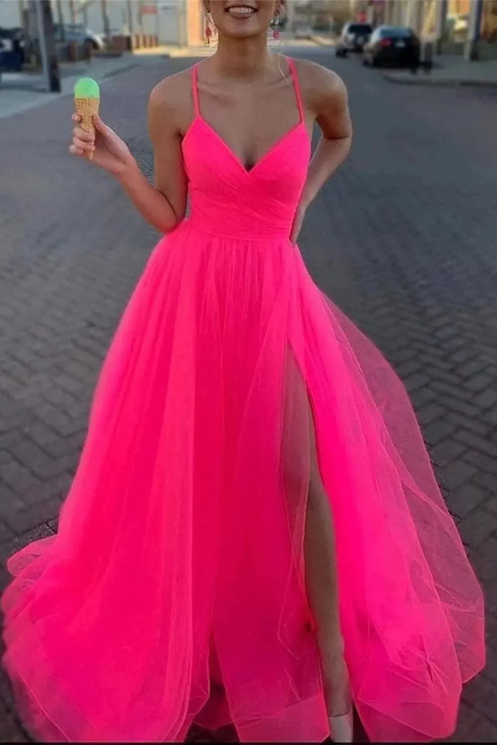 Spaghetti Straps V Neck Tulle Prom Gown,Elegant Long Formal Dress