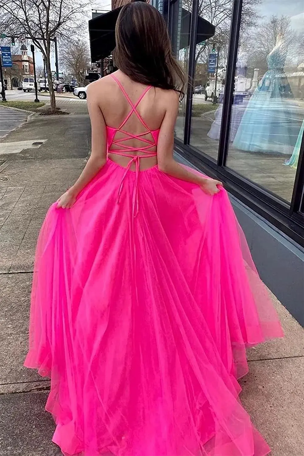 Spaghetti Straps V Neck Tulle Prom Gown,Elegant Long Formal Dress