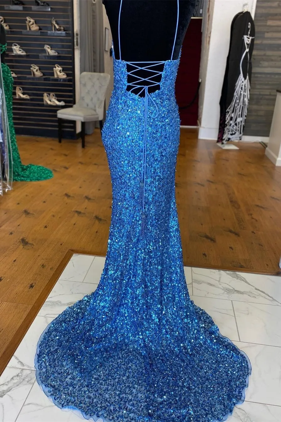 Sparkle Blue Sequin Prom Dresses Iridescent Mermaid Long Formal Dresses Side Slit