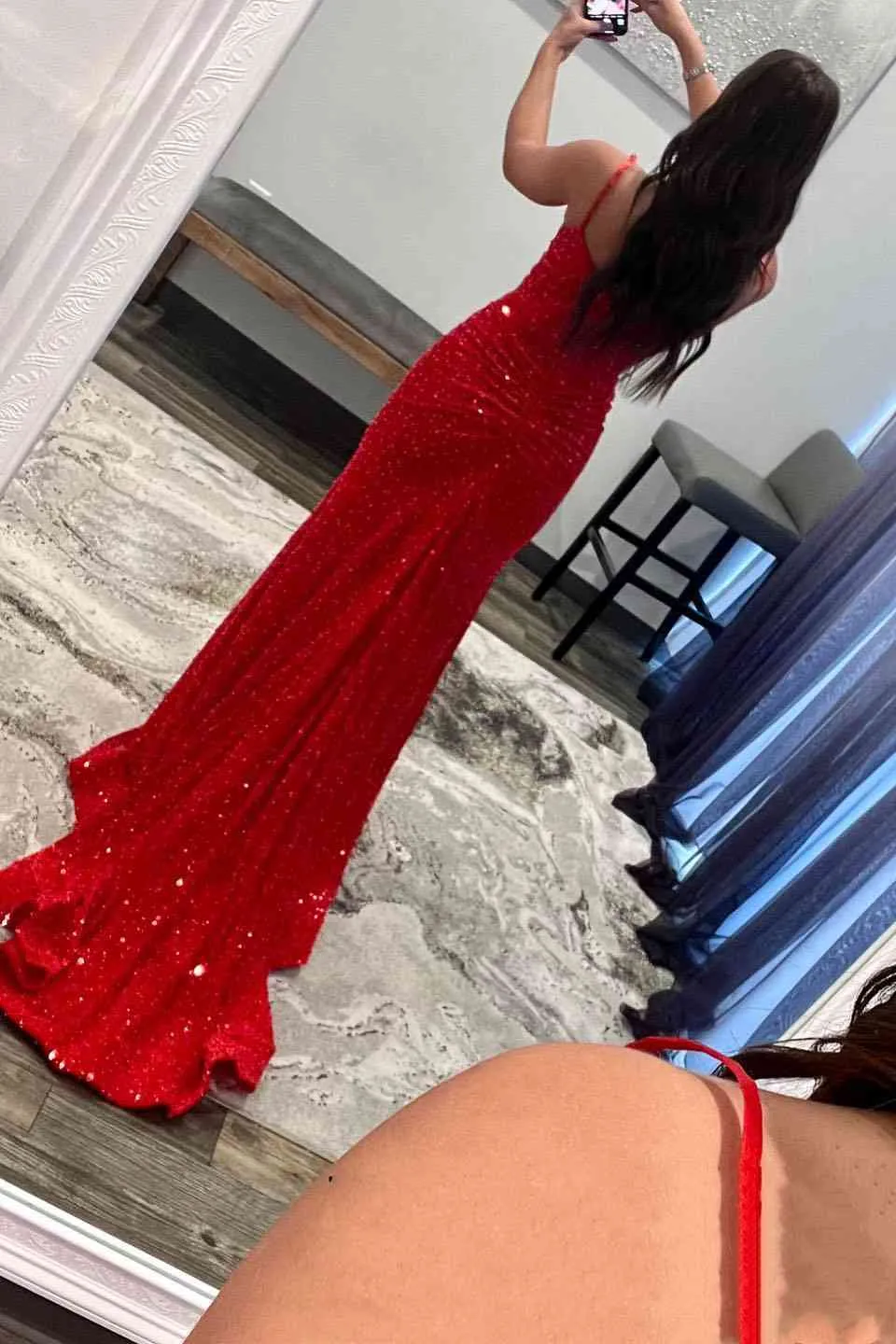 Straps Plunging Neck Navy Sequins Mermaid Prom Dress,Red Evening Gowns