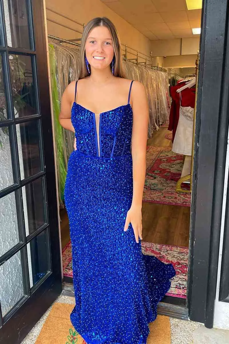 Straps Plunging Neck Navy Sequins Mermaid Prom Dress,Red Evening Gowns