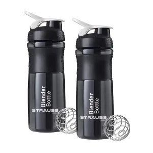 STRAUSS Blender Shaker Bottle | Leakproof Shaker Bottle for Protein Shake, Pre-workout and Bcaa Shake | Protein Shaker Bottle for Gym | BPA-Free Material- 760 ML,(Black) | Pack of 2