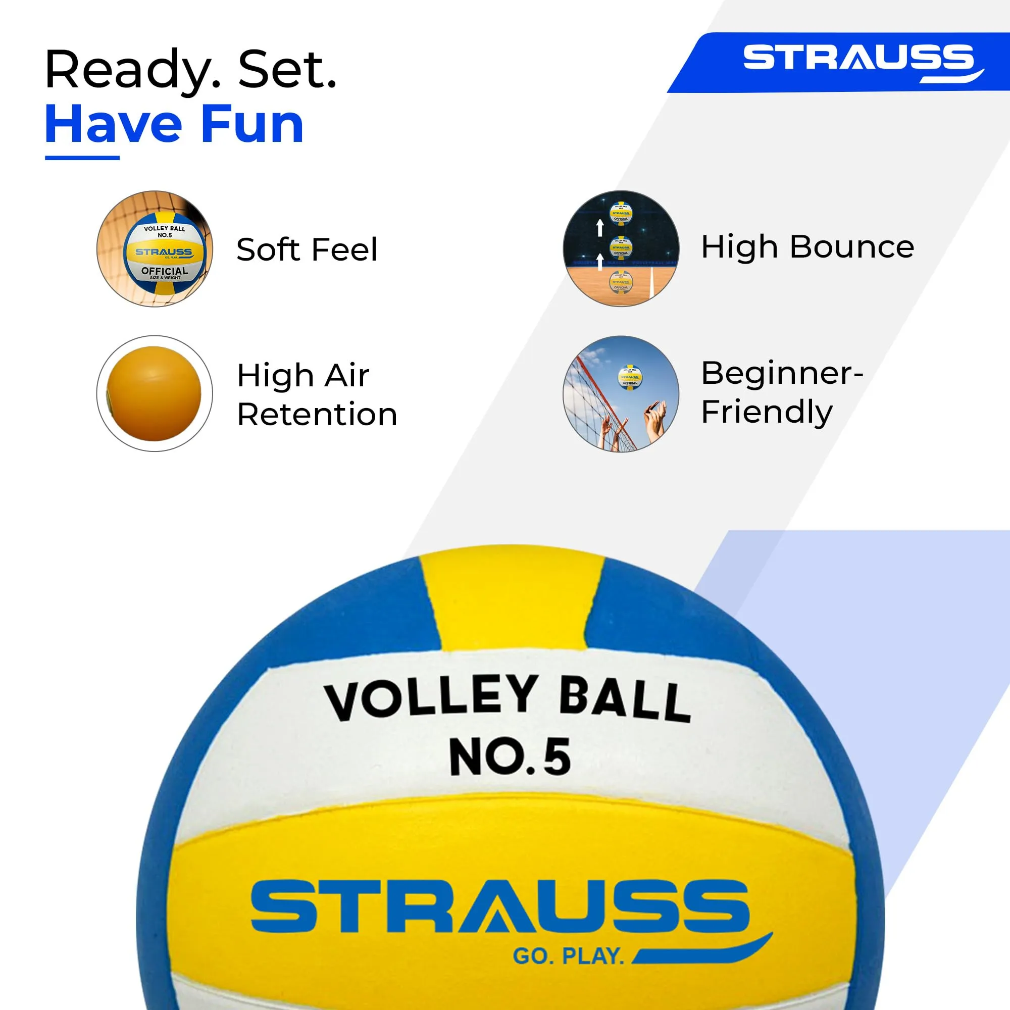 STRAUSS Sports Volleyball Size 5 Soft Ball | Men All Age Group | Indoor Outdoor | Tournament Quality - Yellow Grey Blue