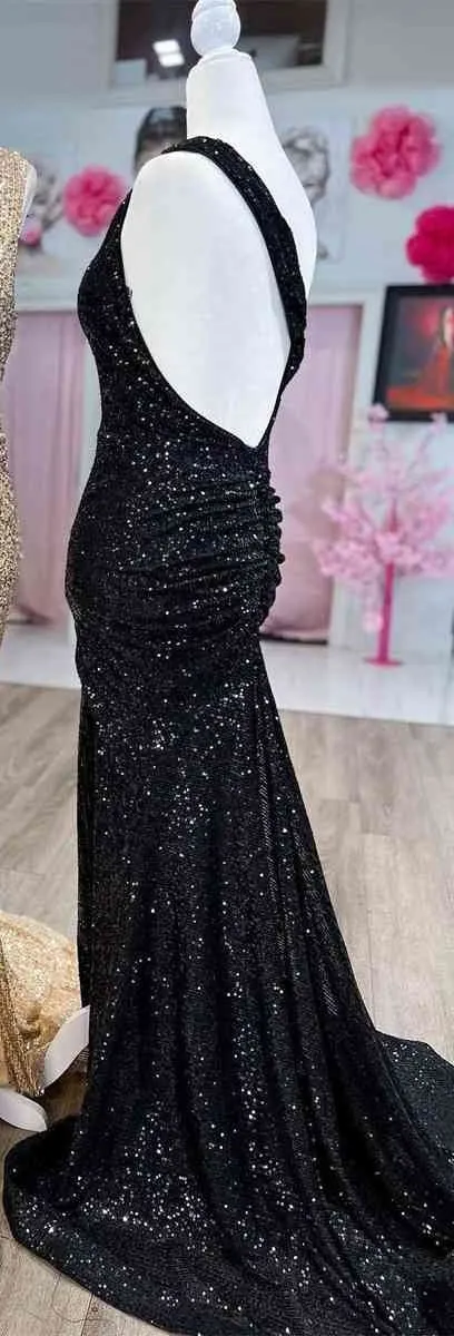 Stunning One Shoulder Mermaid Sequins Slit Long Champagne Prom Dress