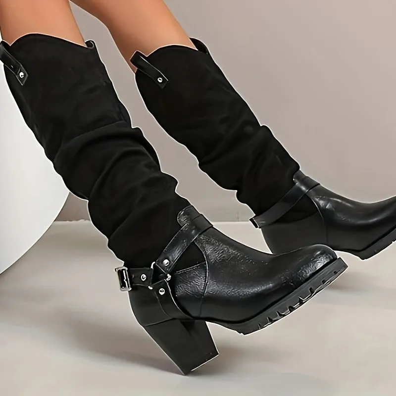 Stylish Women's All-Season Chunky Heel Boots - Comfortable Slip-On with Buckle Detail, Versatile for Outdoor & Casual Wear