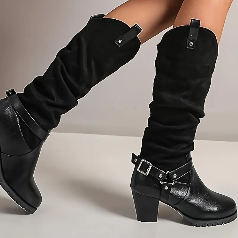 Stylish Women's All-Season Chunky Heel Boots - Comfortable Slip-On with Buckle Detail, Versatile for Outdoor & Casual Wear