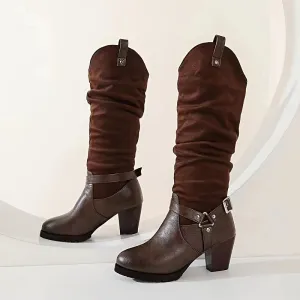 Stylish Women's All-Season Chunky Heel Boots - Comfortable Slip-On with Buckle Detail, Versatile for Outdoor & Casual Wear