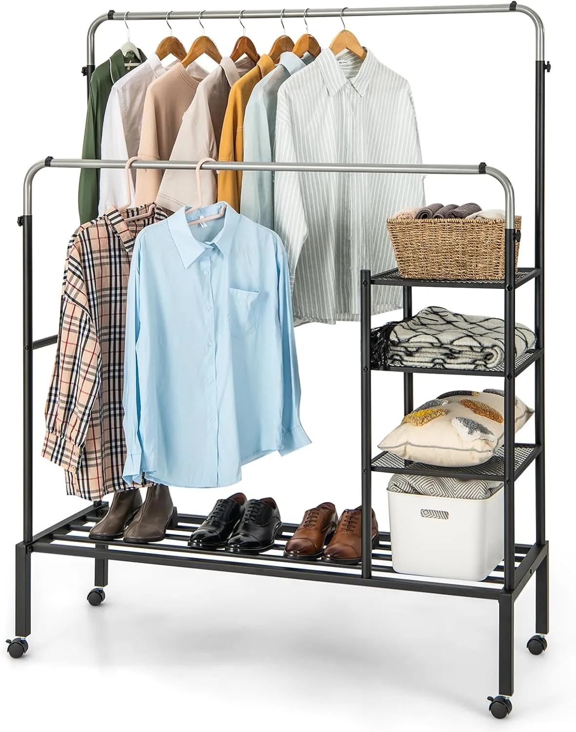 Tangkula Rolling Double Rods Garment Rack, Clothes Drying Rack with Height Adjustable Hanging Bars