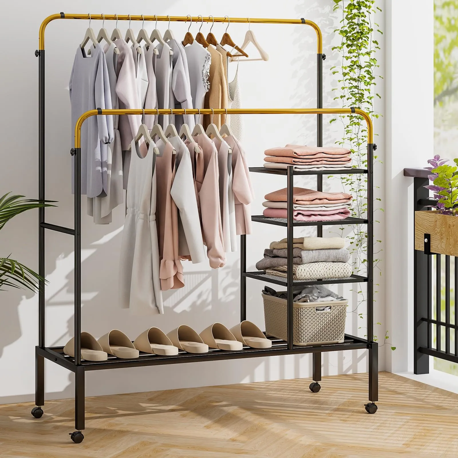 Tangkula Rolling Double Rods Garment Rack, Clothes Drying Rack with Height Adjustable Hanging Bars