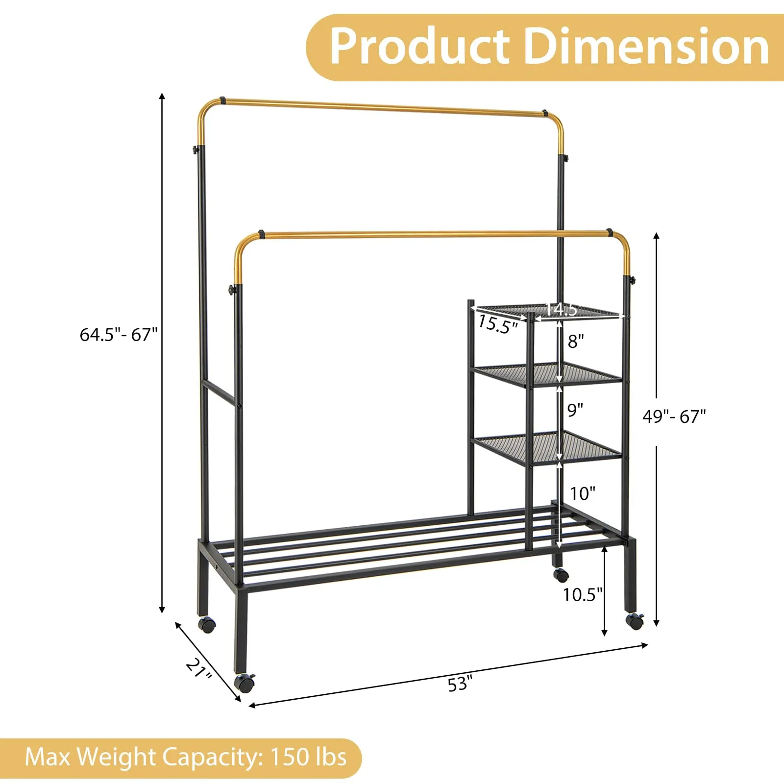 Tangkula Rolling Double Rods Garment Rack, Clothes Drying Rack with Height Adjustable Hanging Bars