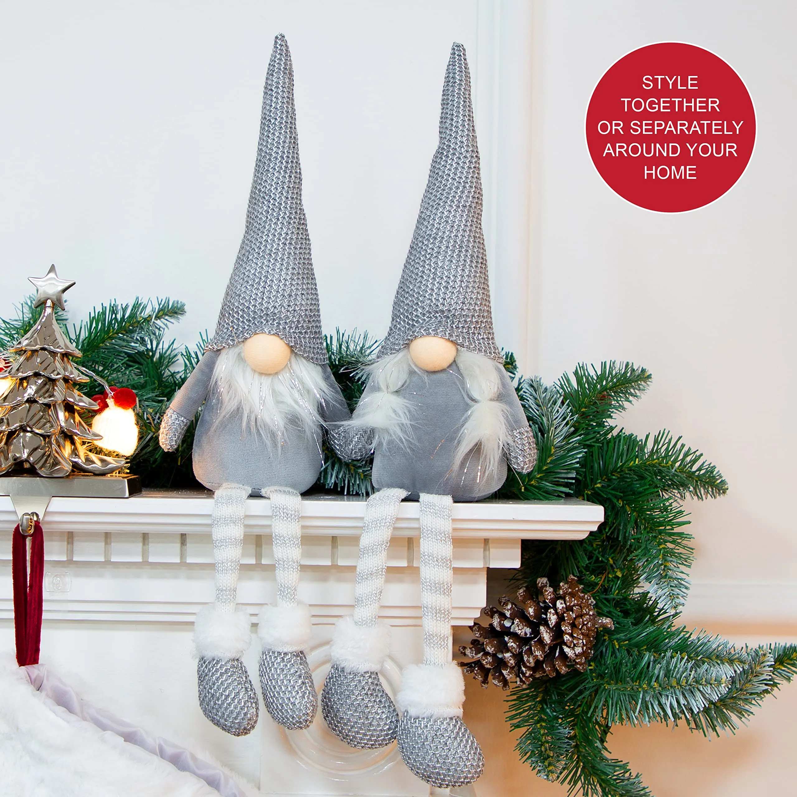 The Christmas Workshop 2pk Felt Gnome Ornaments/Festive Collectable Gonks/Woolen Decorations and Styles (2PK Grey Hanging Legs)