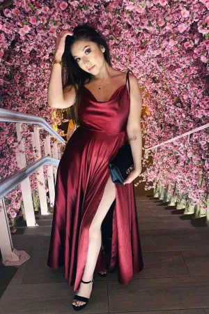 Tie Straps Burgundy Long Prom Dress with Slit,Evening Dresses for Weddings