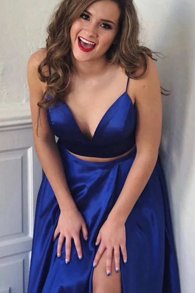 Two Piece Split-Front Floor Length Royal Blue Long Prom Dress,Red Evening Gowns