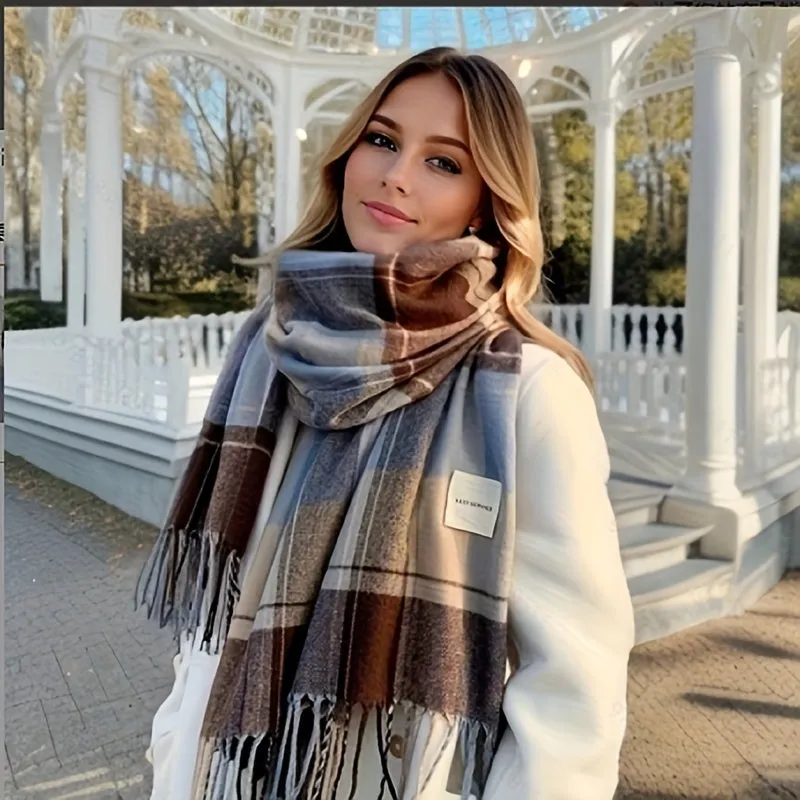 Unisex Tartan Tassel Scarf - 100% Polyester Knitted Plaid Wrap for Outdoor Wear, Decorative and Windproof, Versatile Shawl for Men and Women - Thickened Warmth for Cold Weather