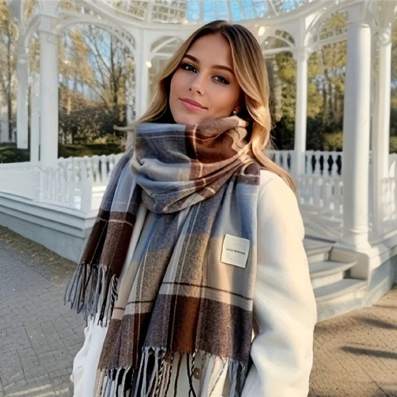 Unisex Tartan Tassel Scarf - 100% Polyester Knitted Plaid Wrap for Outdoor Wear, Decorative and Windproof, Versatile Shawl for Men and Women - Thickened Warmth for Cold Weather