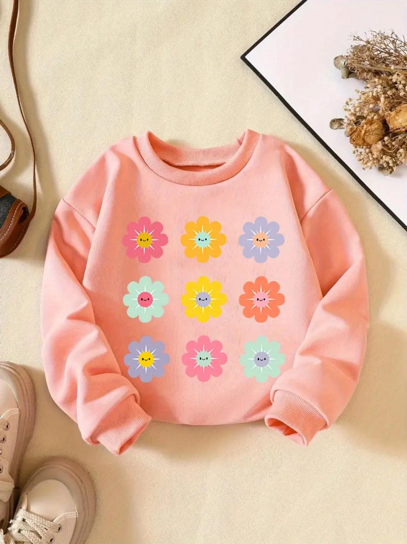 Vibrant Floral Graphic Print Long Sleeve Sweatshirt for Girls - Soft, Comfy, and Cozy Pullover for Spring and Fall Seasons - Stylish and Casual Wear for School, Outdoor Activities, and Everyday Use