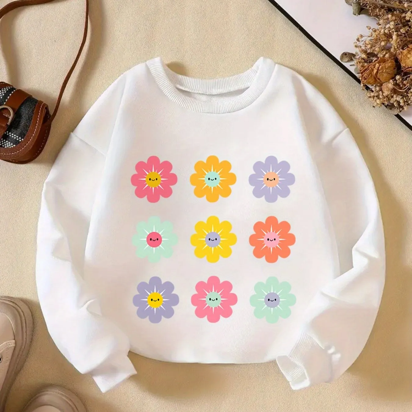 Vibrant Floral Graphic Print Long Sleeve Sweatshirt for Girls - Soft, Comfy, and Cozy Pullover for Spring and Fall Seasons - Stylish and Casual Wear for School, Outdoor Activities, and Everyday Use