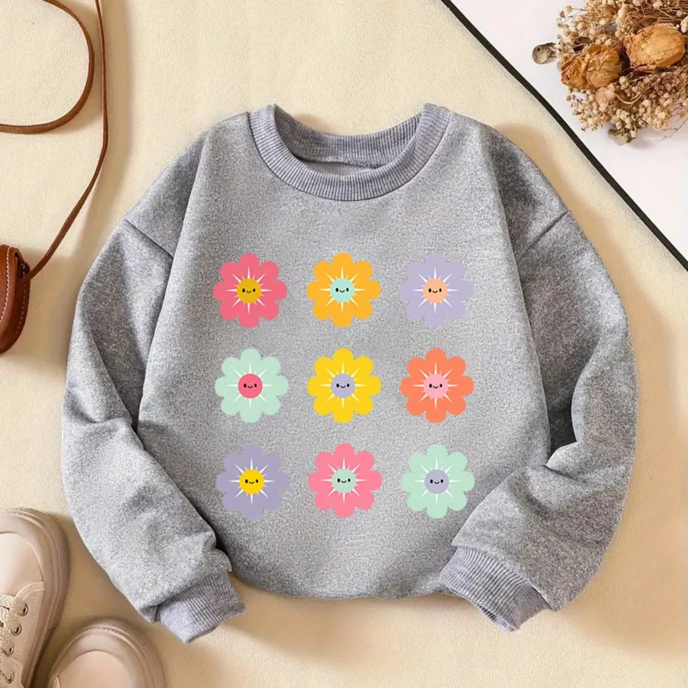 Vibrant Floral Graphic Print Long Sleeve Sweatshirt for Girls - Soft, Comfy, and Cozy Pullover for Spring and Fall Seasons - Stylish and Casual Wear for School, Outdoor Activities, and Everyday Use