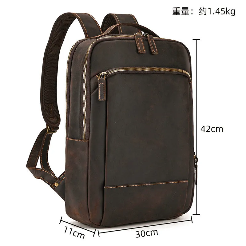 Vintage Backpack Double Zipper Main Bag Genuine Leather Backpack Large Capacity Crazy Horse Leather Outdoor Travel Bag Casual Computer Bag