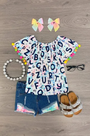 White & Rainbow Alphabet Denim Short Set