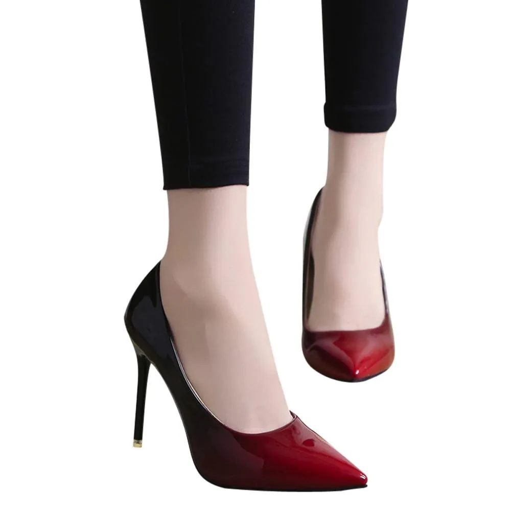 Women Fashion Gradient Color Patent Leather Shoes Pointed Toe High-Heeled Shoes