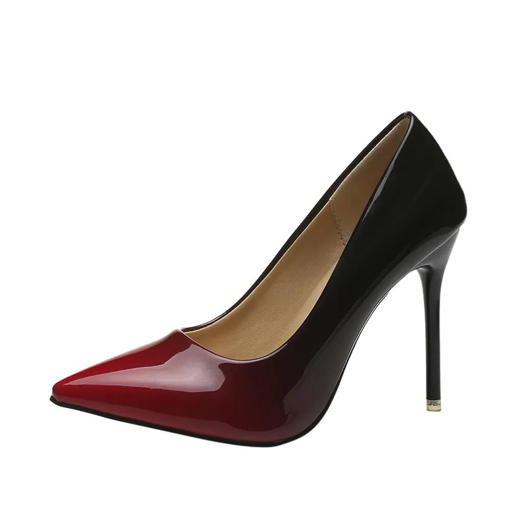 Women Fashion Gradient Color Patent Leather Shoes Pointed Toe High-Heeled Shoes