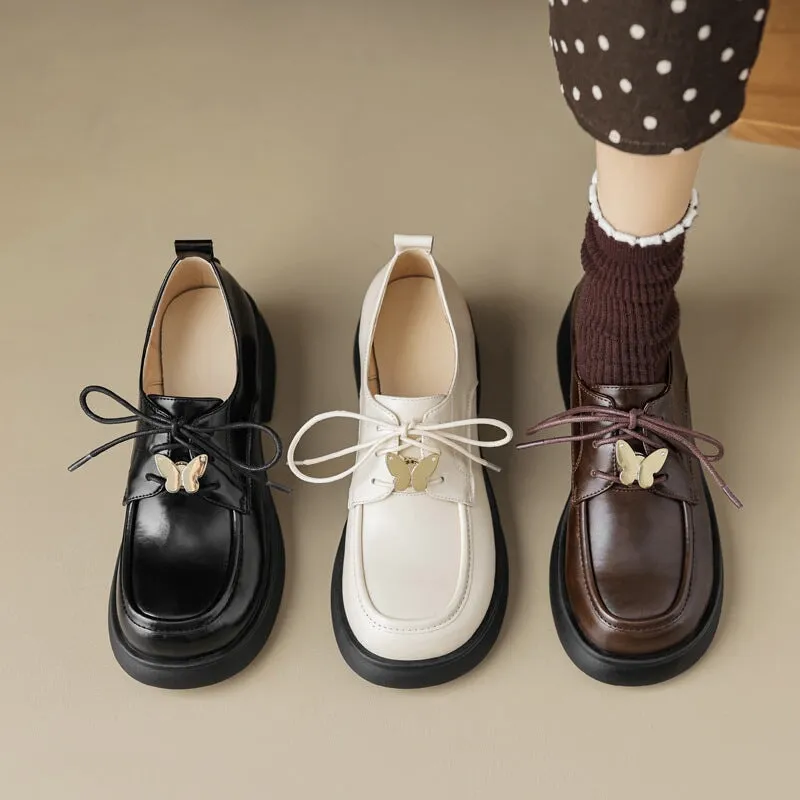 Women Handmade Genuine Leather Derby Shoes Brown/White/Black