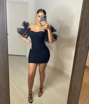 Women Sexy Puff Sleeve Ruffles Cocktail Dress Mesh Mini Party Dress,Short Black Homecoming Dresses