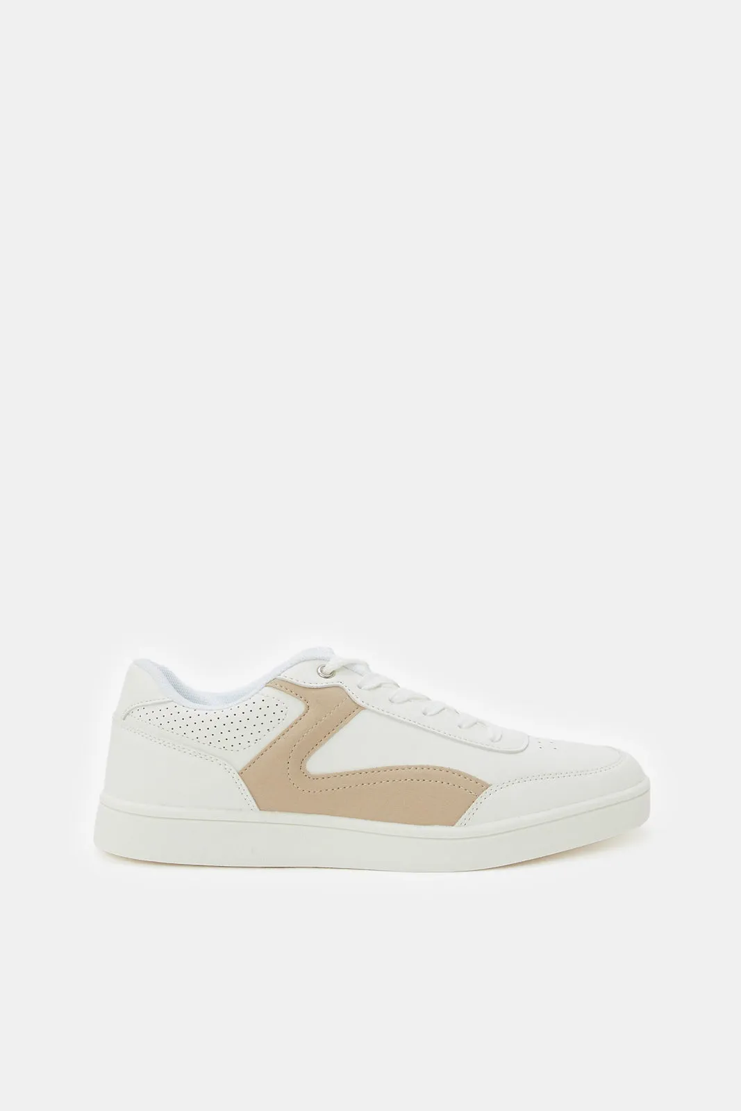 Women White Lace Up Trainer With Beige Overlay