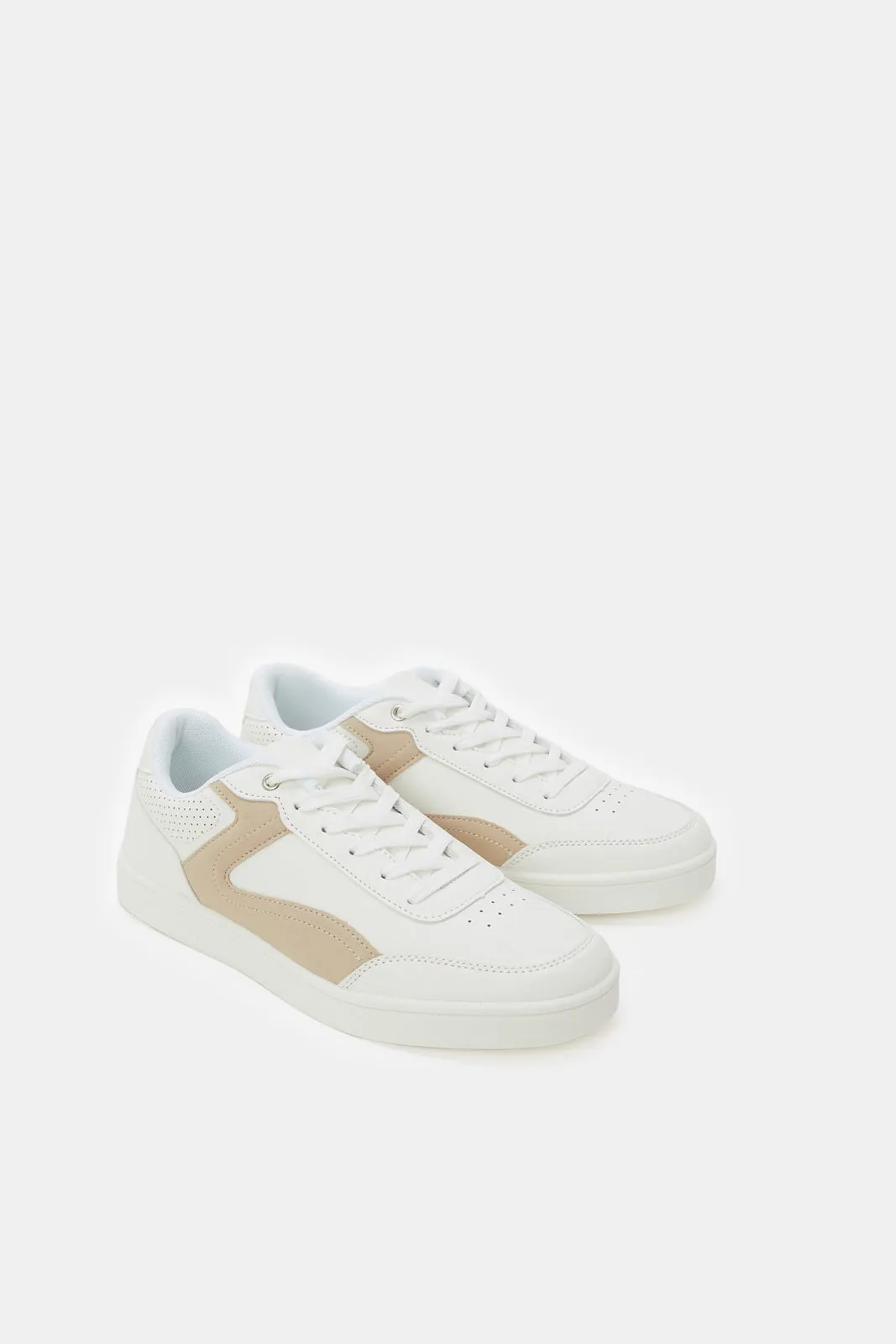 Women White Lace Up Trainer With Beige Overlay