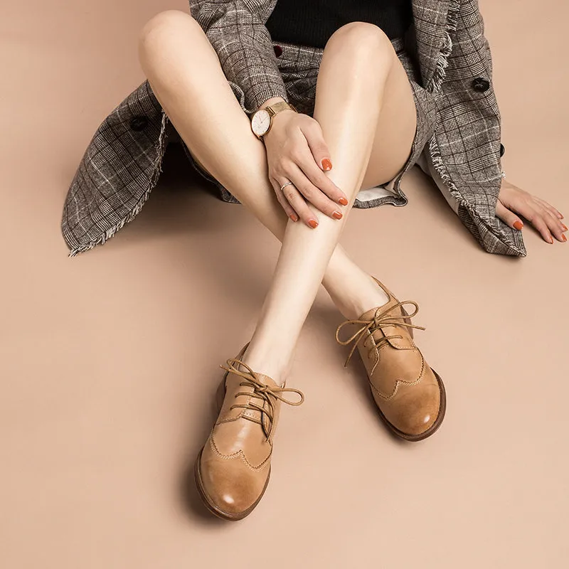 Women Wingtip Shoes Handmade Sheepskin Brogue Oxfords Low Heel Elegant Brown/Black/Coffee (better suited for thin feet)