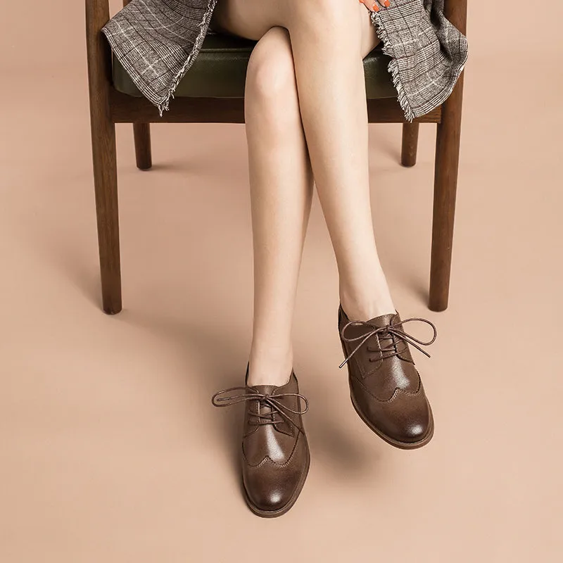 Women Wingtip Shoes Handmade Sheepskin Brogue Oxfords Low Heel Elegant Brown/Black/Coffee (better suited for thin feet)