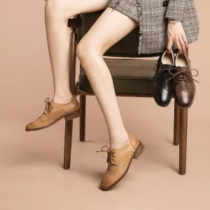 Women Wingtip Shoes Handmade Sheepskin Brogue Oxfords Low Heel Elegant Brown/Black/Coffee (better suited for thin feet)