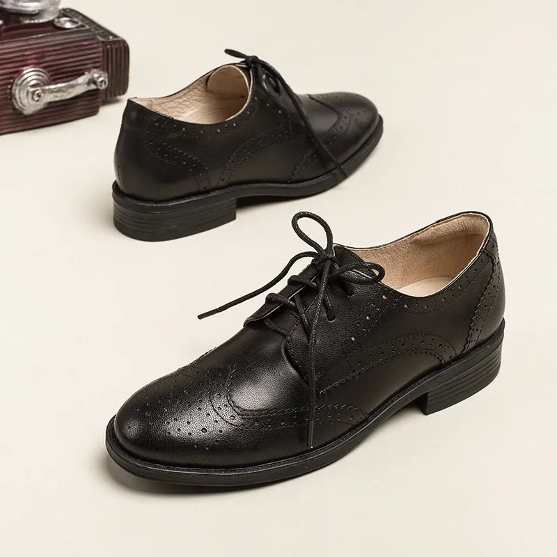 Women Wingtip Shoes Handmade Sheepskin Full Brogues Oxfords Low Heel Elegant Color Blocking(better suited for thin feet)