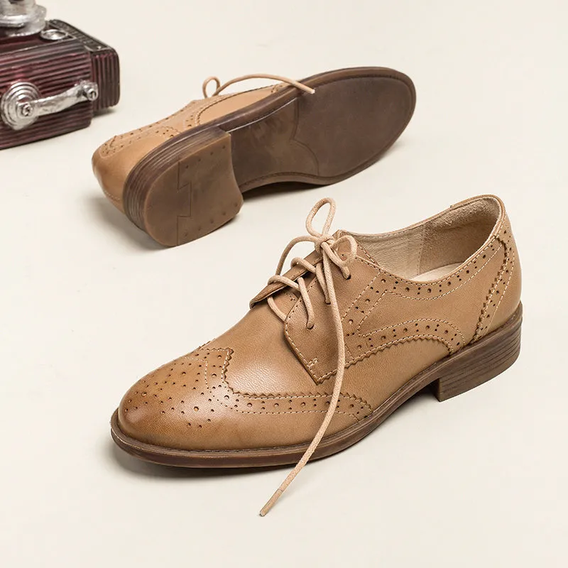 Women Wingtip Shoes Handmade Sheepskin Full Brogues Oxfords Low Heel Elegant Color Blocking(better suited for thin feet)