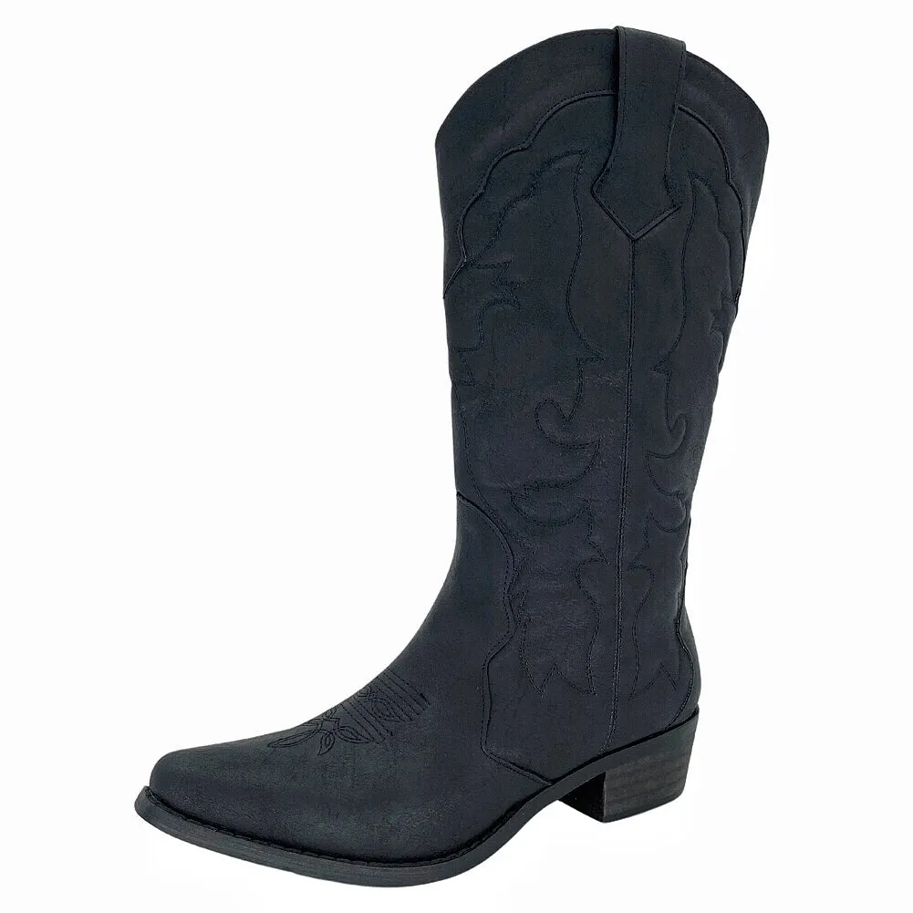 Womens Cowgirl Cowboy Boots Wide Calf Snip Toe Black