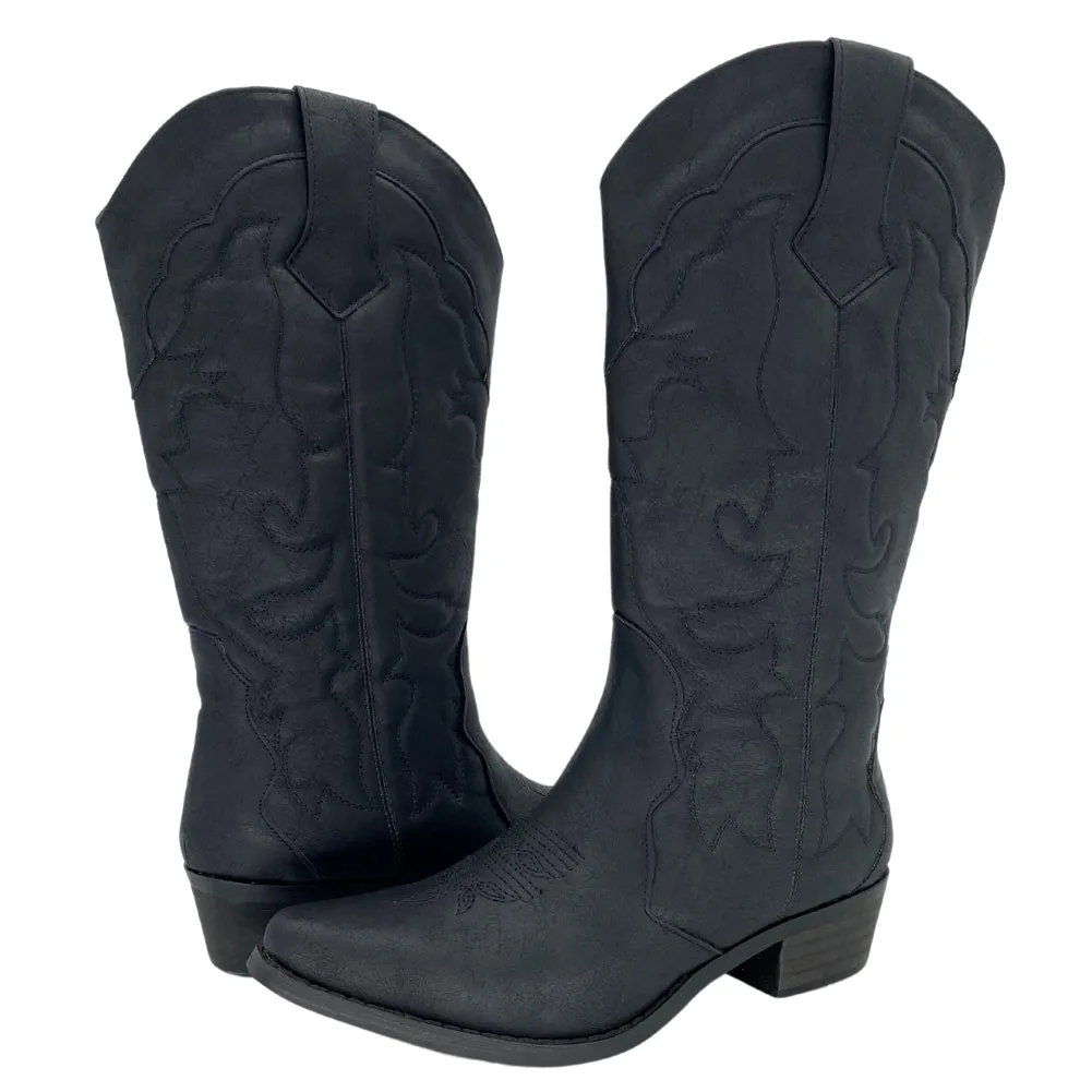 Womens Cowgirl Cowboy Boots Wide Calf Snip Toe Black