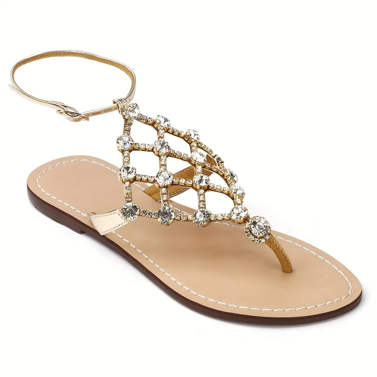 Womens Flat Heel T-Strap Rhinestone Sandals - Buckle Closure, PU Faux Leather Upper, Rubber Sole, Comfortable Split Toe Design - Perfect for Summer Vacation, Daily Wear, and Outdoor Activities