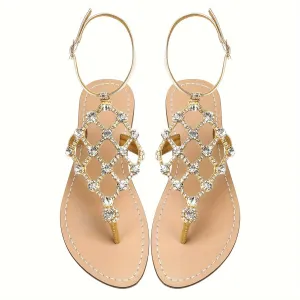 Womens Flat Heel T-Strap Rhinestone Sandals - Buckle Closure, PU Faux Leather Upper, Rubber Sole, Comfortable Split Toe Design - Perfect for Summer Vacation, Daily Wear, and Outdoor Activities