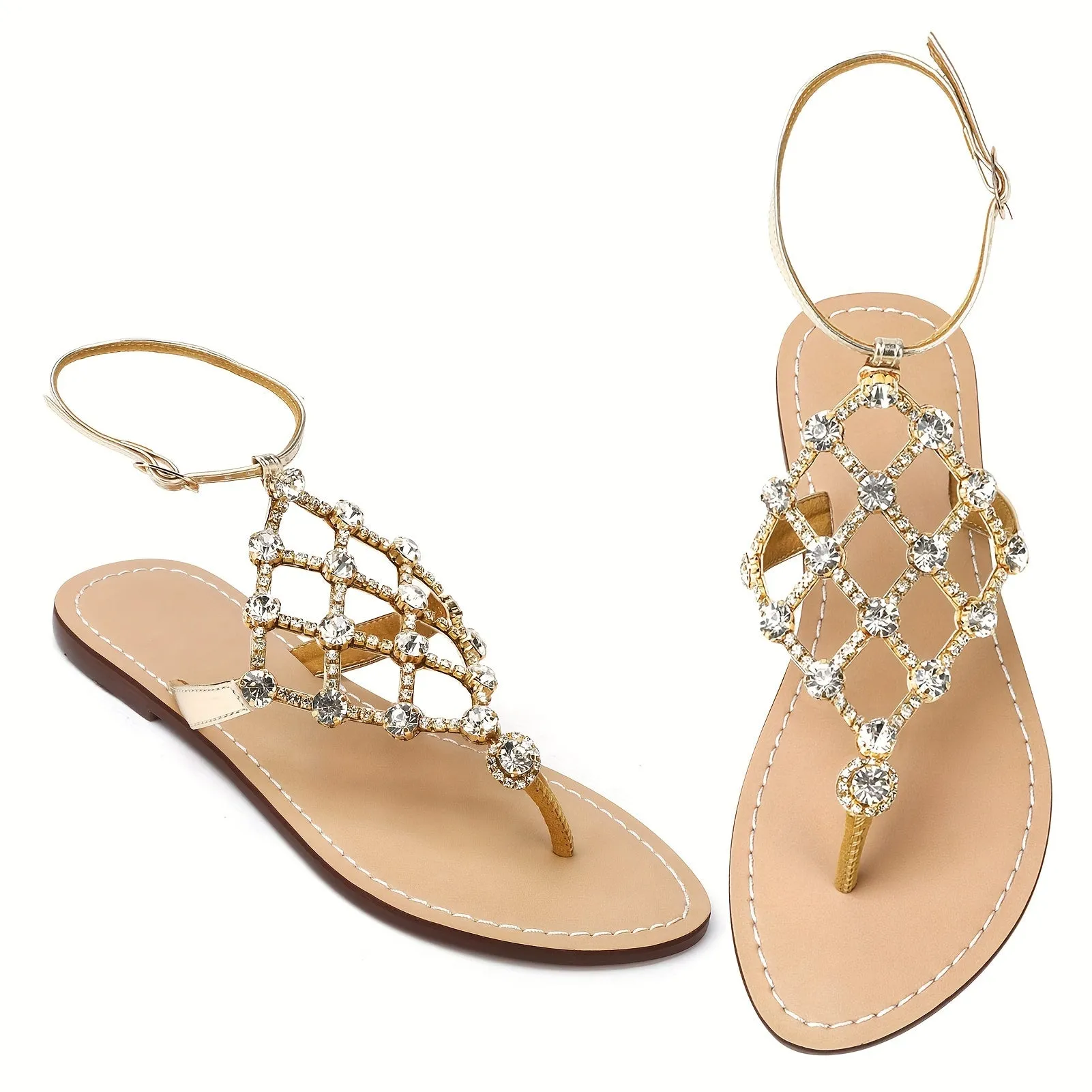 Womens Flat Heel T-Strap Rhinestone Sandals - Buckle Closure, PU Faux Leather Upper, Rubber Sole, Comfortable Split Toe Design - Perfect for Summer Vacation, Daily Wear, and Outdoor Activities